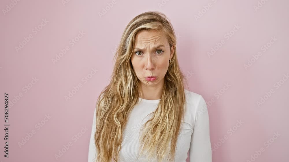 Worried and upset young blonde woman standing over pink background. sad, depressed expression with tears of stress and anger. feeling the pain of worry in isolation. Worried and upset young blonde woman standing over pink background. sad, depressed expression with tears of stress and anger. feeling the pain of worry in isolation.