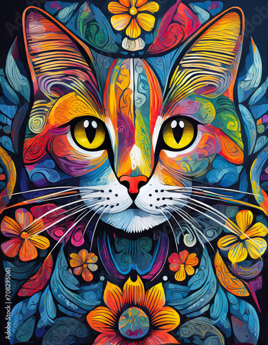 cat  bright colorful and vibrant poster illustration