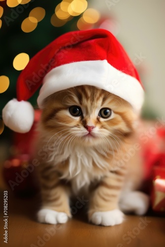 A small kitten wearing a santa hat is sitting. Generative AI. © Natalia