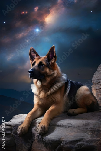 German shepherd dog on the background of the night sky with stars and clouds © i7