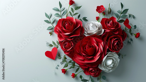 A paper heart surrounded by a bouquet of red roses for Valentine s Day.