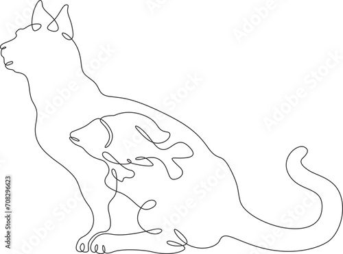 Cat with fish inside. Cat silhouette side view. The fish is swimming. Double exposure. Picture in picture.Continuous one line drawing. Lineart vector illustration.