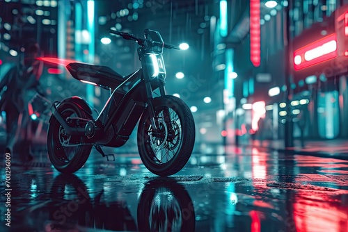 An electric Electric Bicycle driving through a futuristic city at night created with Generative AI Technology