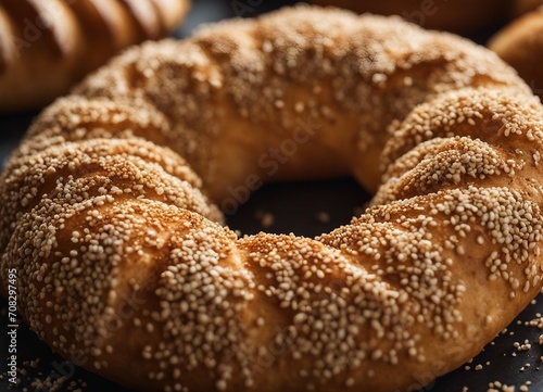 Turkish Bagel Simit with sesame seeds on a black background