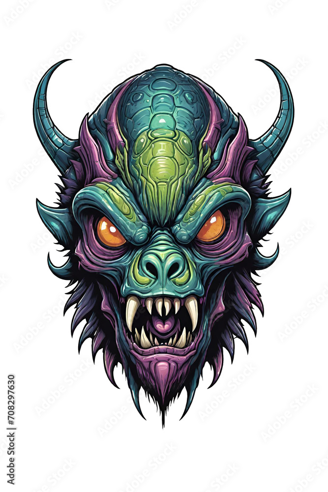 Alien head with horns and bulging eyes