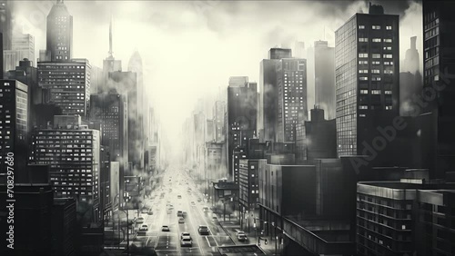 Closeup of a detailed charcoal drawing of a cityscape. photo