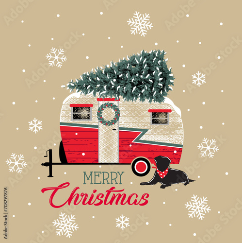 Christmas Camper and Pine Tree with Dog pet. Merry Christmas Text and Snowflakes-Christmas Vector Illustration