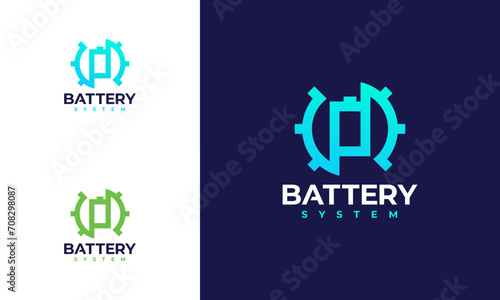 Battery System logo designs concept vector, battery with gear logo template