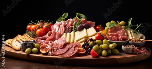 Gourmet charcuterie board with assorted cheeses and deli meats. Gourmet dining and catering.