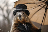 Photograph of a groundhog with umbrella fending off the snow, Groundhog Day