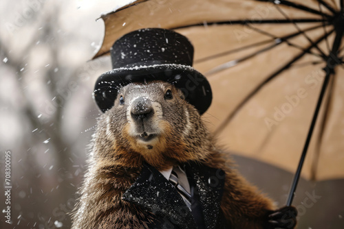 Photograph of a groundhog with umbrella fending off the snow, Groundhog Day photo