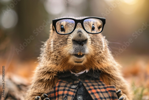 Photograph of a groundhog dressed up for Groundhog Day with glasses and coat © Castle Studio