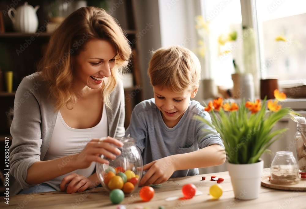 happy beautiful mother and little boy decorating easter egg 