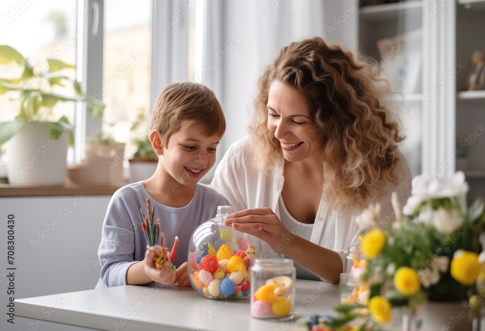 happy beautiful mother and little boy decorating easter egg happy beautiful mother and little boy decorating easter egg