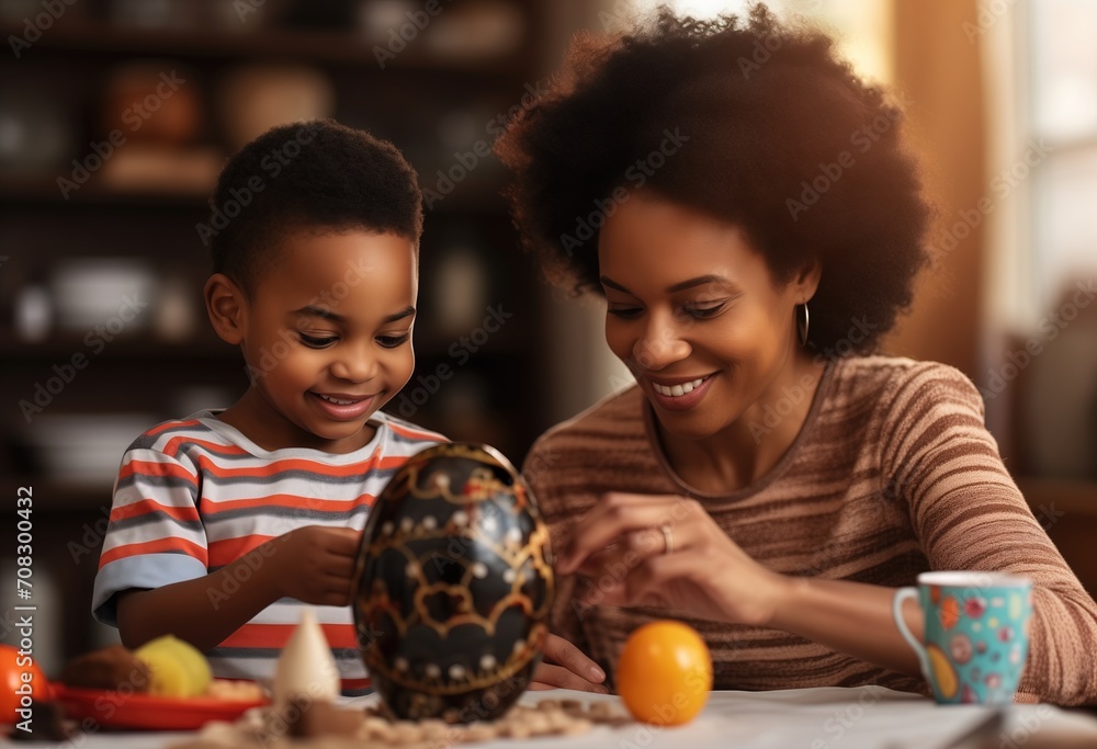 Fototapeta premium happy beautiful mother and little boy decorating easter egg 