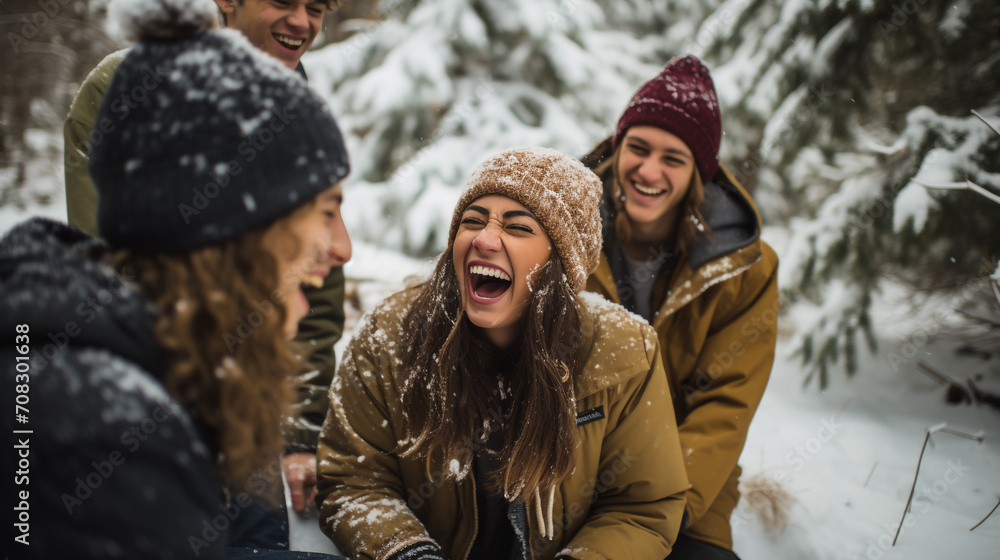 A delightful scene capturing a young group of student friends spending quality time together outdoors during winter