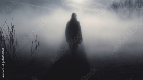A mysterious man wearing a long trench coat in the fog. photo