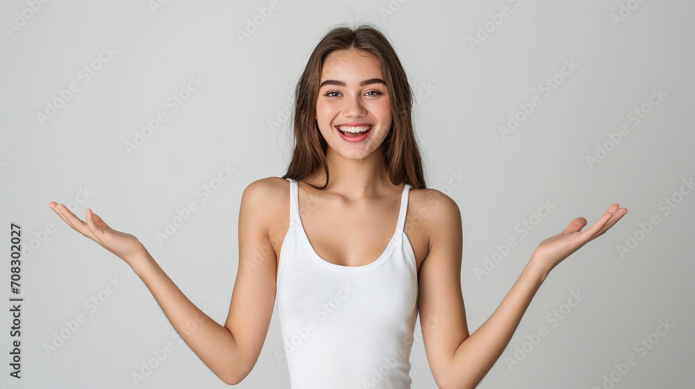 A Beautiful Woman Radiating Happiness as She Lifts Both Hands in Pure Delight A Beautiful Woman Radiating Happiness as She Lifts Both Hands in Pure Delight