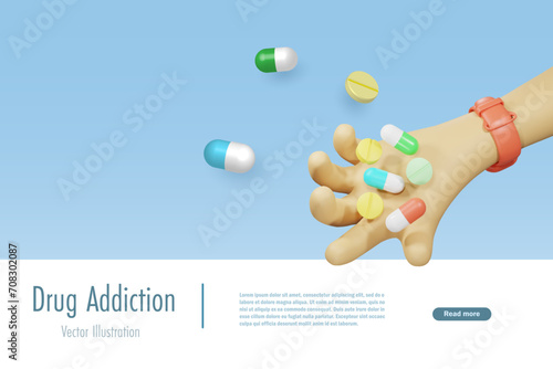 Hand holding medicine pills. Medical health care and pharmaceutical concept. 3D cartoon character.