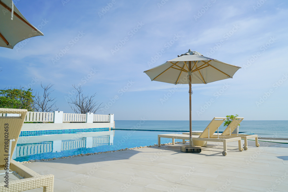 bed pool around swimming pool with sea background