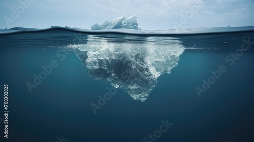 Tip of the Iceberg in the water  a large iceberg rock floating on the water  under and over the water view. Generative ai