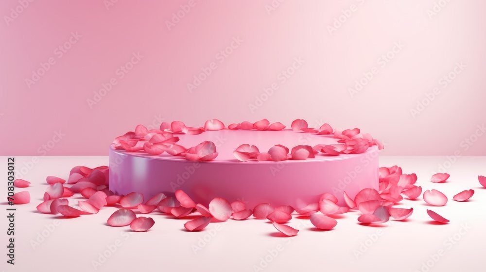 Pink cylindrical podium with rose petals on a pink background. Product showcase. Generative ai