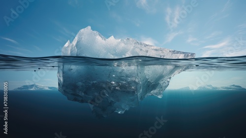 Iceberg in the water  a large iceberg rock floating on the water  under and over the water view. Generative ai