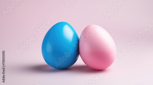 Pink easter egg and blue easter egg on a pink background. Generative ai