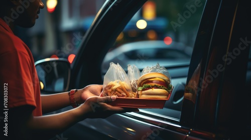 Food takeout was delivered to the car window, drive-through fast food service. Generative ai photo