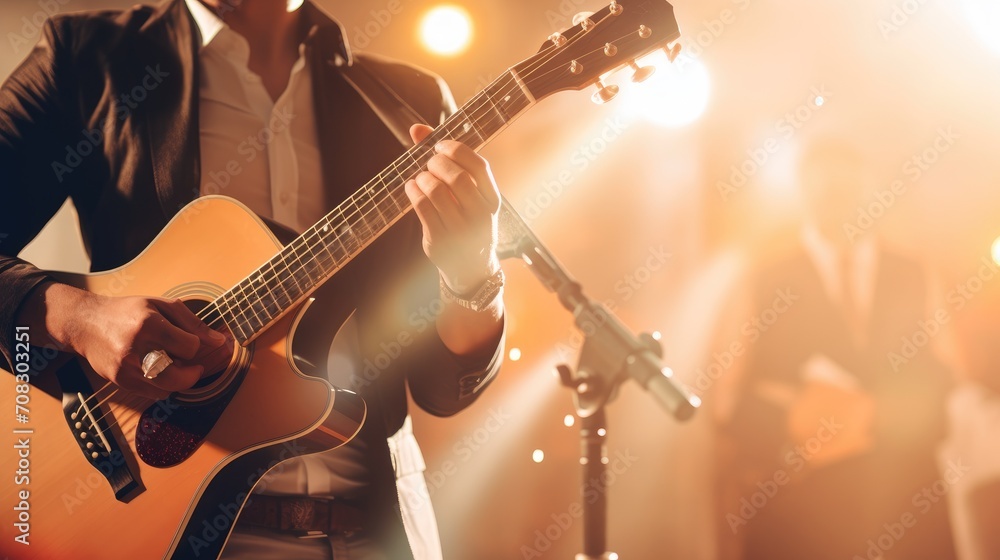 Obraz premium A Guitarist performs on the stage, musical show band sings. Generative ai