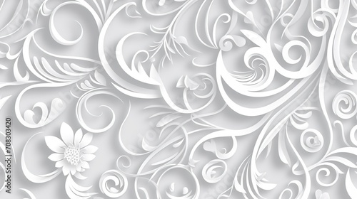 a white background with floral motifs, in the style paper cut art, spirals and curves, light gray and white, vectorial art, in the style flat colors, generative ai