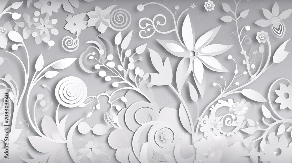 a white background with floral motifs, in the style paper cut art, spirals and curves, light gray and white, vectorial art, in the style flat colors, generative ai a white background with floral motifs, in the style paper cut art, spirals and curves, light gray and white, vectorial art, in the style flat colors, generative ai