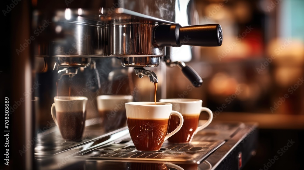 Espresso coffee maker, freshly brewed hot coffee cup in the coffee shop. Generative ai Espresso coffee maker, freshly brewed hot coffee cup in the coffee shop. Generative ai