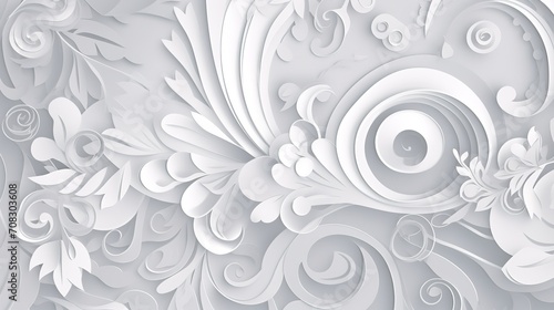 a white background with floral motifs, in the style paper cut art, spirals and curves, light gray and white, vectorial art, in the style flat colors, generative ai photo