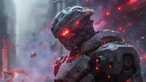 In the midst of a chaotic battle, the biomechanical soldier stands unflinching as bullets ricochet off its cybernetic armor. Its glowing red eyes survey the carnage with Fantasy animatio photo