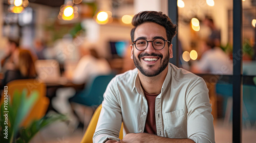 Smiling middle-aged man in formal wear sitting in the bar and drinking his morning coffee.