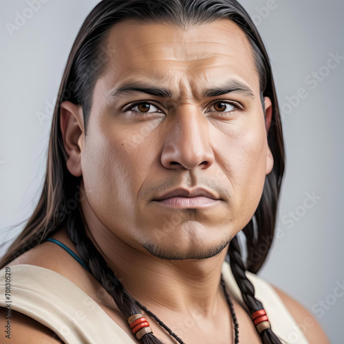 Intense Concentration - Close-up portrait of a full-figured, very fair-skinned young Native American man Gen AI photo