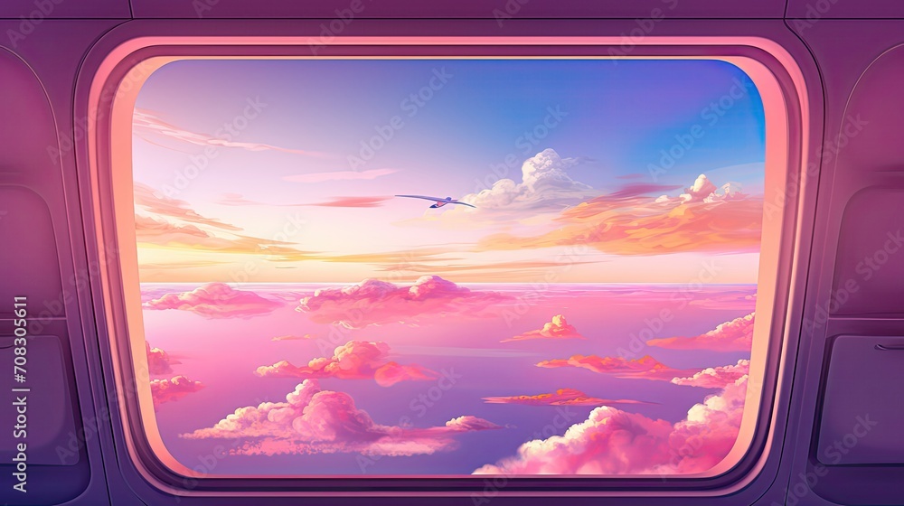 an airplane window wing colorful clouds pink illustration an airplane window wing colorful clouds pink illustration