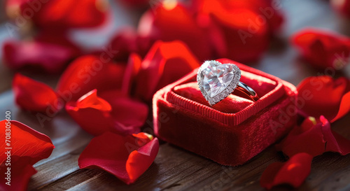 Luxurious velvet box holding a sparkling heart-shaped diamond gem ring, with soft rose petals scattered around. Banner © Denis