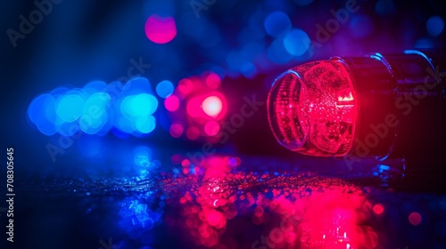 Intense police lights reflect on wet pavement in the night photo