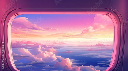 an airplane window wing colorful clouds pink illustration photo