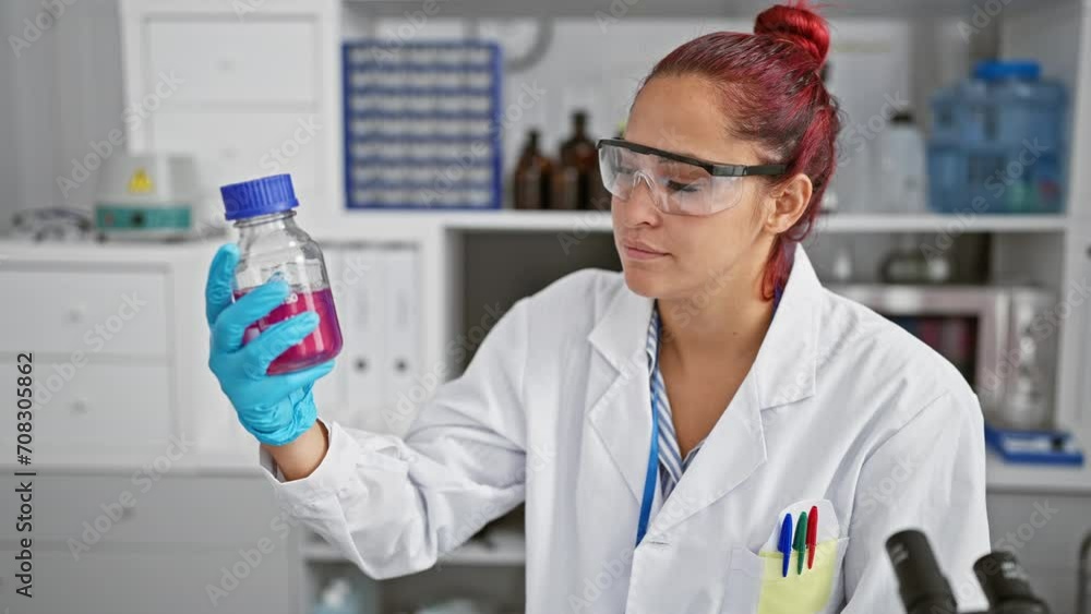 Inside the bustling lab, a confident young redhead scientist, beaming with a smile, expertly measures a elusive liquid in a bottle amidst the rhythmic humming of technology. Inside the bustling lab, a confident young redhead scientist, beaming with a smile, expertly measures a elusive liquid in a bottle amidst the rhythmic humming of technology.