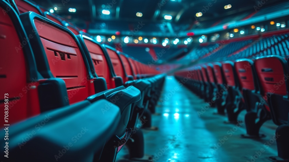 Empty red seats in stadium create an atmosphere of anticipation - obrazy, fototapety, plakaty 