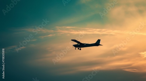 airplane Cesna, flying in the sky at sunset, golden hour, color, clouds,  © Jasenko