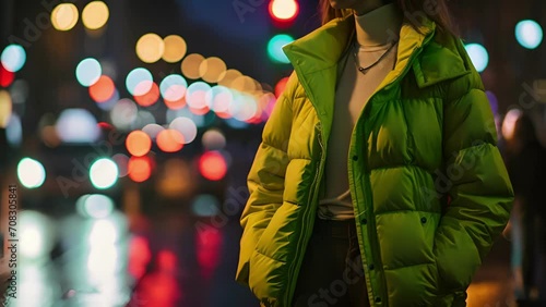 Brighten up your winter wardrobe with this standout outfit featuring a neon green puffer jacket, a crisp white turtleneck, and classic black trousers. photo