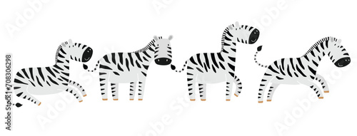 Cute zebra cartoon character flat vector illustrations set.