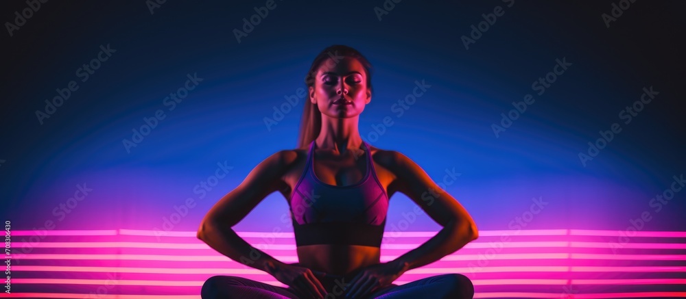Obraz premium Fit model stretches during Pilates workout under colorful neon lights. Copy space available.