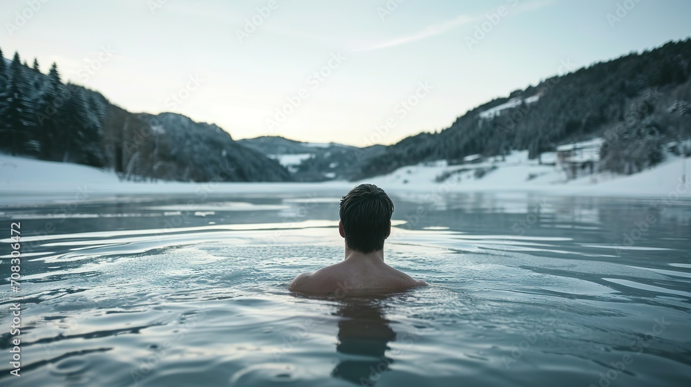 man in the icy water of a winter frozen lake in mountain nature strengthens her immunity by hardening herself man in the icy water of a winter frozen lake in mountain nature strengthens her immunity by hardening herself