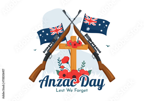 Anzac Day of Lest We Forget Vector Illustration on 25 April with Remembrance Soldier Paying Respect and Red Poppy Flower in Flat Cartoon Background