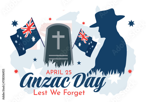 Anzac Day of Lest We Forget Vector Illustration on 25 April with Remembrance Soldier Paying Respect and Red Poppy Flower in Flat Cartoon Background